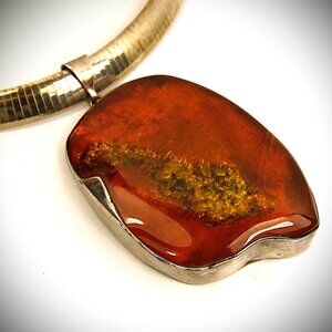 Rare Massive Amber 925 Silver Pendant With Heavy Omega Chain